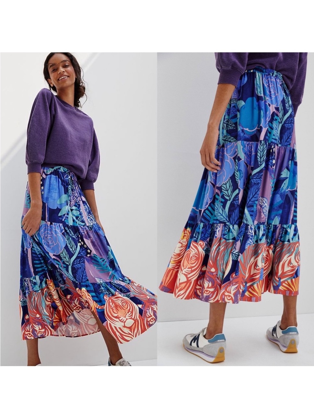 Anthropologie Bold Floral Tiered Maxi Skirt in Blue, Purple and Orange